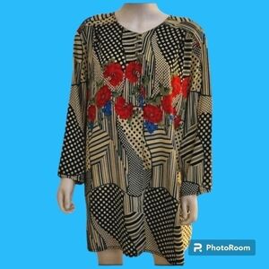 3/$30 VINTAGE Floral Poppy Mixed Pattern Patchwork Tunic Blouse 2X